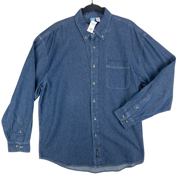 Men’s XL Denim Shirt Relaxed Fit Long Sleeve Button Down Workwear Dark Wash NWT - Picture 1 of 12
